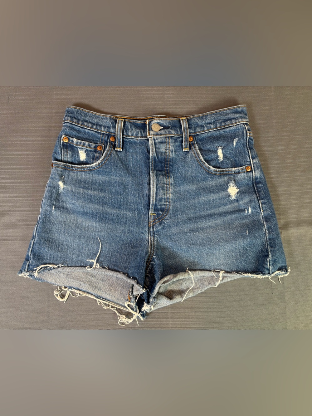 Levi’s Ribcage Shorts Women’s W26 Distressed Raw Hem High Rise Denim Cutoff
